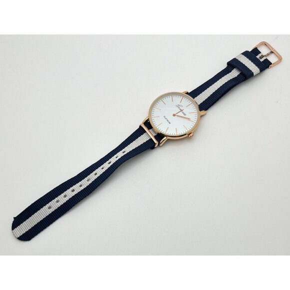 Geneva Platinum Watch Navy Blue and White Striped Nylon Strap Large Face - Picture 3 of 7